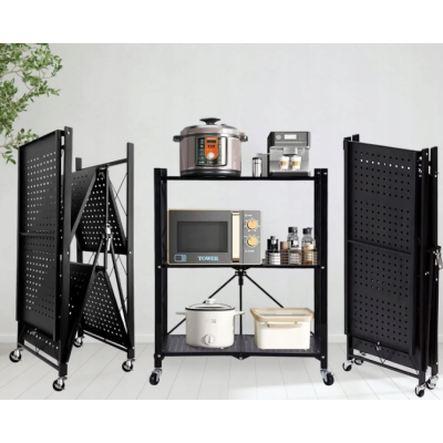 Etajera cu 3 polite mobila Depozitare bucatarie pliabila pe roti Neagra