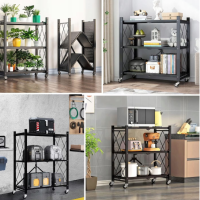 Etajera cu 3 polite mobila Depozitare bucatarie pliabila pe roti Neagra