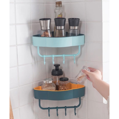 Etajera de colt pentru baie bucatarie cu ventuze sau lipici albastru