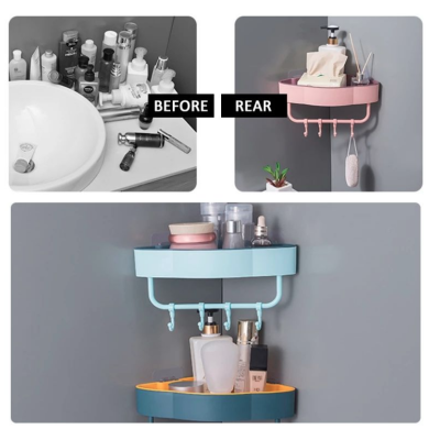 Etajera de colt pentru baie bucatarie cu ventuze sau lipici albastru