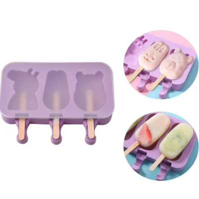 Forma silicon pentru inghetata Pepa Urs Iepure 3 cavitati Mov 19 cm