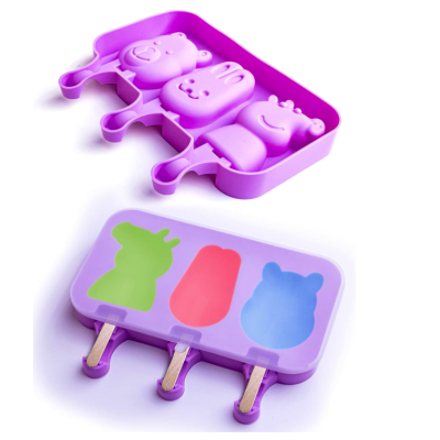 Forma silicon pentru inghetata Pepa Urs Iepure 3 cavitati Mov 19 cm