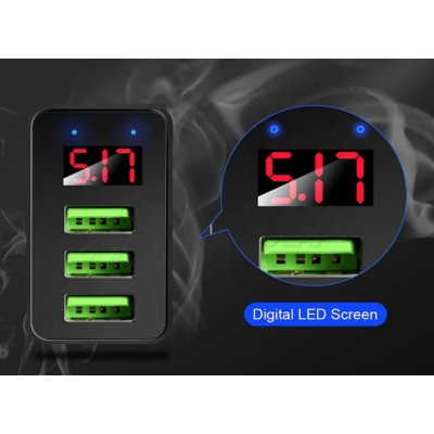 Incarcator PRIZA 3 USB cu DISPLAY LED Inteligent negru Adaptor 220V