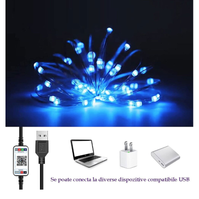 Instalatie decorativa RGB Cu Control Bluetooth Prin Aplicatie 5 metri Luminozitate Reglabila USB Multicolor