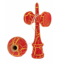 Kendama profesionala din lemn 18 cm model clasic cu design crapat culoare Rosu/Galben