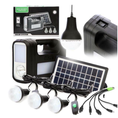 Kit solar GD-Lite 8017 dotat cu dispozitive USB cu 3 becuri LED + acumulator de mare capacitate XL