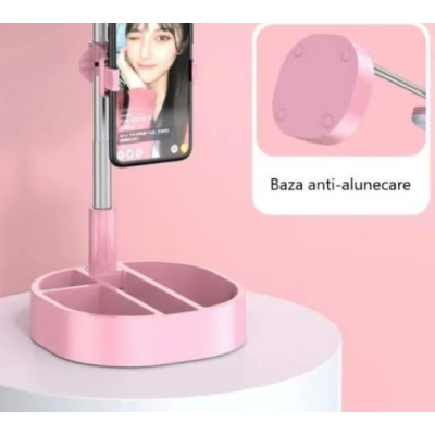 Lampa circulara patrata de machiaj cu oglinda si suport telefon/accesorii