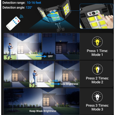 Lampa solara 30w tripla de perete cu senzor de lumina si miscare cu telecomanda