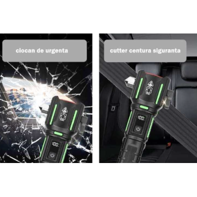 Lanterna aluminiu RTY 827 cu LED 30W incarcare USB acumulator 18650 lampa COB Ciocan de Urgenta si Cutter