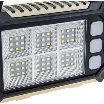 Lanterna solara HS-8029-7-A multifunctionala  cu 3 surse de lumină: 7 LED-uri SMD în față, 54 LED-uri SMS pe lateral, 3 mini panouri LED-uri pe lateral
