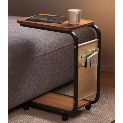 Masuta din otel carbon pentru cafea 4 roti 2 blaturi din lemn buzunar de depozitare