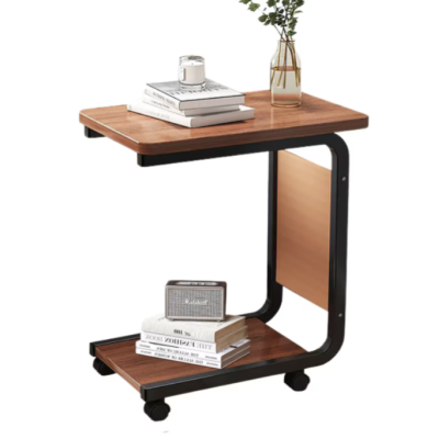 Masuta din otel carbon pentru cafea 4 roti 2 blaturi din lemn buzunar de depozitare