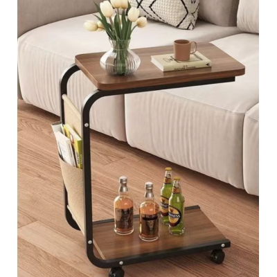 Masuta din otel carbon pentru cafea 4 roti 2 blaturi din lemn buzunar de depozitare