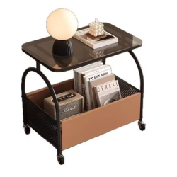 Masuta portabila cu compartiment depozitare blatul din sticla cadru metalic NEAGRA