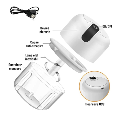 Mini tocator electric de bucatarie incarcare USB 250ml cu 3 lame Alb