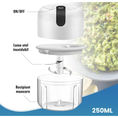 Mini tocator electric de bucatarie incarcare USB 250ml cu 3 lame Alb