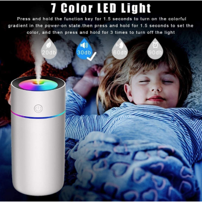 Mini umidificator portabil silentios cu 7 culori LED 320ml Alb