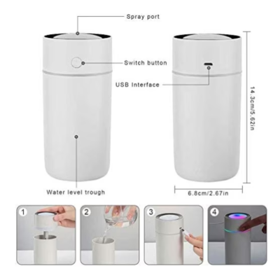 Mini umidificator portabil silentios cu 7 culori LED 320ml Alb