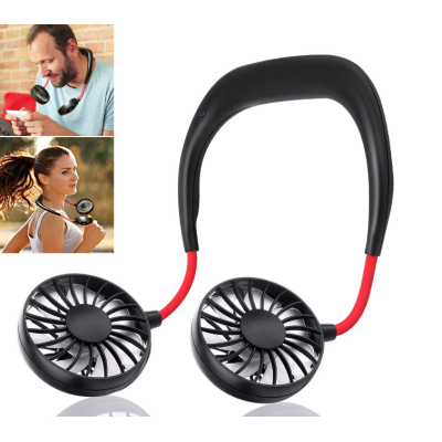 Mini ventilator portabil dublu pentru gat cu acumulator si 3 trepte de viteza ROSU/NEGRU OFF