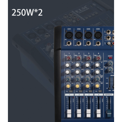 Mixer audio profesional cu amplificare putere 2x250 W 4 canale 16 efecte egalizator 5 benzi