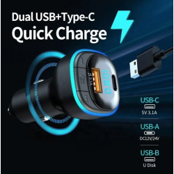 Modulator FM C33 Radio functie Bluetooth Led Multicolor USB A USB C Negru￼