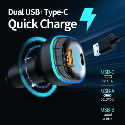 Modulator FM C33 Radio functie Bluetooth Led Multicolor USB A USB C Negru￼