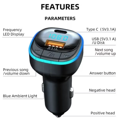 Modulator FM C33 Radio functie Bluetooth Led Multicolor USB A USB C Negru￼
