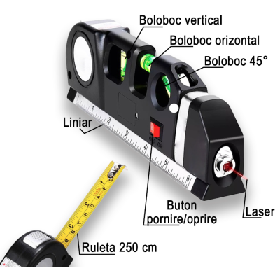Nivela cu Laser Level Pro3 Multifunctionala cu Boloboc si Ruleta