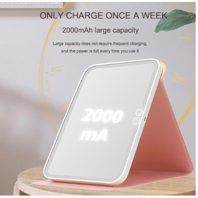 Oglinda Mica Roz Portabila Patrata cu LED pentru Machiaj si Suport Pliabil