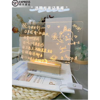 Panou luminos acrilic tip tabla de notite transparenta cu baza din lemn