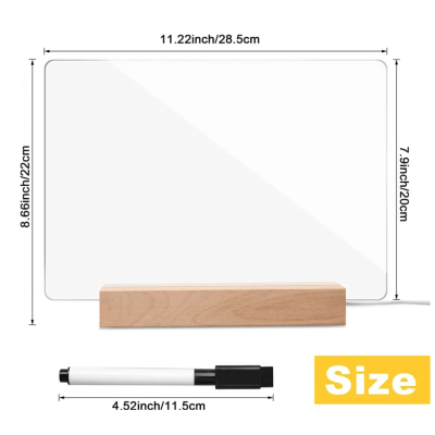 Panou luminos acrilic tip tabla de notite transparenta cu baza din lemn