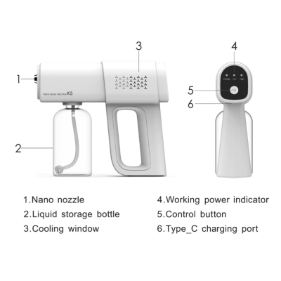 Pistol de pulverizare K5 pentru dezinfectie, Incarcare USB, Nanotehnologie, Umidificare/Dezinfectare/Atomizare, 380ml