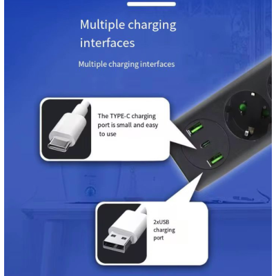 Prelungitor Electric cu 4 prize 2 USB Tip A 1 USB Tip C si intrerupator Q PX400