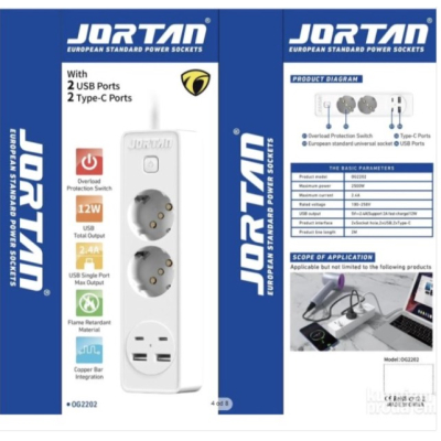 Prelungitor JORTAN OG2202 cu 2 prize 2 porturi USB si 2 Type C 2 metri