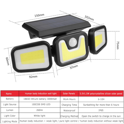 Proiector FL 1725B TRIPLU 30W 100LED COB Cu Panou Solar