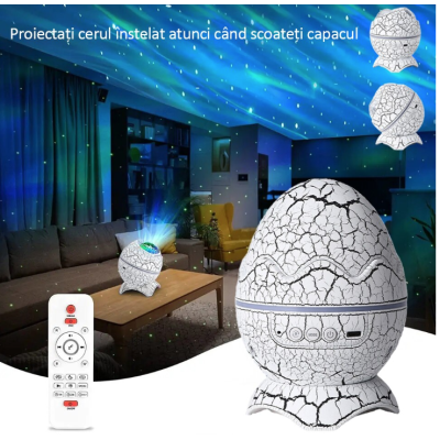 Proiector Stele Ou de Dinozaur 4 IN 1 lampa veghe copii speaker bluetooth LED 19 sunete albe rotatie 360