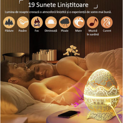 Proiector Stele Ou de Dinozaur 4 IN 1 lampa veghe copii speaker bluetooth LED 19 sunete albe rotatie 360