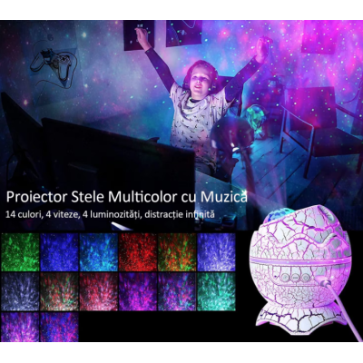Proiector Stele Ou de Dinozaur 4 IN 1 lampa veghe copii speaker bluetooth LED 19 sunete albe rotatie 360