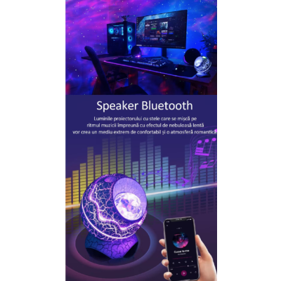 Proiector Stele Ou de Dinozaur 4 IN 1 lampa veghe copii speaker bluetooth LED 19 sunete albe rotatie 360