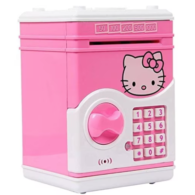 Pusculita pentru copii cu functie ATM cod pin si seif Roz/Alb Hello Kitty