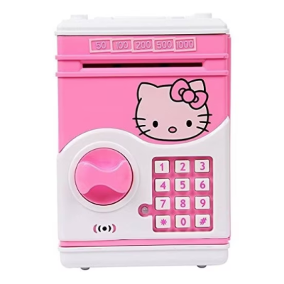 Pusculita pentru copii cu functie ATM cod pin si seif Roz/Alb Hello Kitty