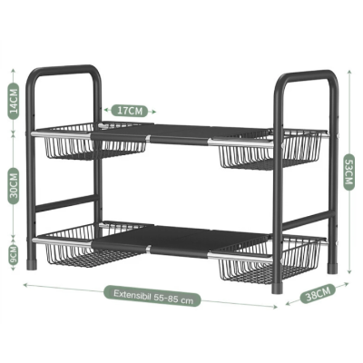 Raft metalic pentru depozitare sub chiuveta extensibil 55 85 cm 4 cosuri