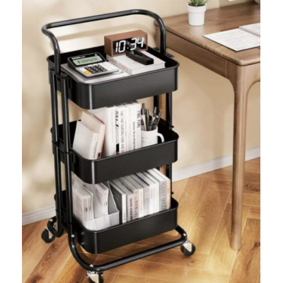 Raft portabil cu 3 nivele de depozitare maner pentru transportare din metal 45x37x82cm NEGRU