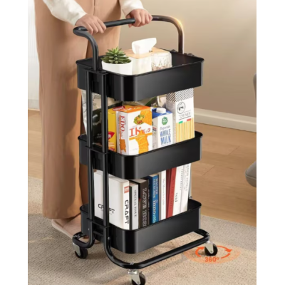 Raft portabil cu 3 nivele de depozitare maner pentru transportare din metal 45x37x82cm NEGRU