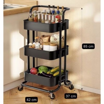 Raft portabil cu 3 nivele de depozitare maner pentru transportare din metal 45x37x82cm NEGRU