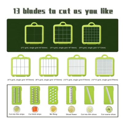 Razatoare multifunctionala pentru fructe si legume 22 piese lame din otel inoxidabil gri / verde