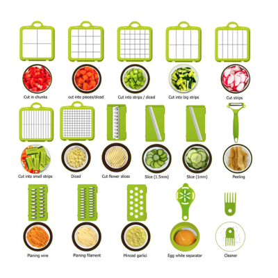 Razatoare multifunctionala pentru fructe si legume 22 piese lame din otel inoxidabil gri / verde