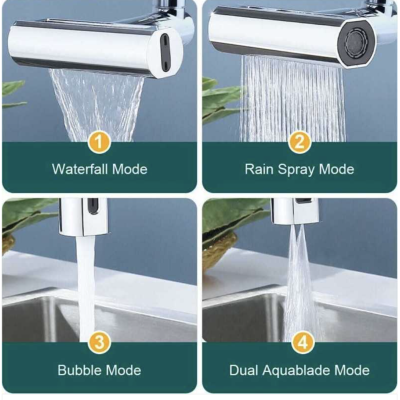 Robinet de bucatarie cu extensie 4 moduri curgere apa cascada picaturi de ploaie bule si 2 jeturi