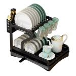 Scurgator vase cu suport de tacamuri si pahare negru 2 niveluri tava scurgere MZY 1139A