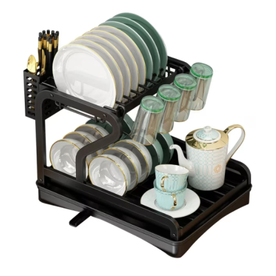 Scurgator vase cu suport de tacamuri si pahare negru 2 niveluri tava scurgere MZY 1139A